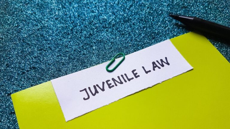 Close-up of a green folder with a white paper labeled "JUVENILE LAW," clipped by a green paperclip, on a blue textured background with a black pen.
