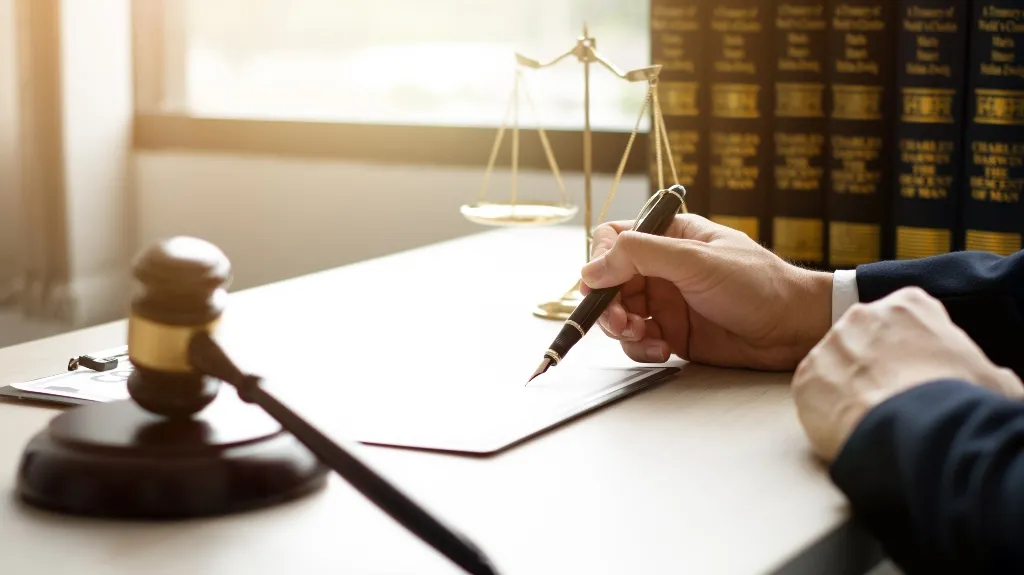 Person in formal attire writing on paper with a pen, gavel and scales of justice on desk.