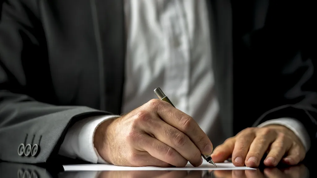 Close-up of a person in a dark suit signing a document with a silver pen.