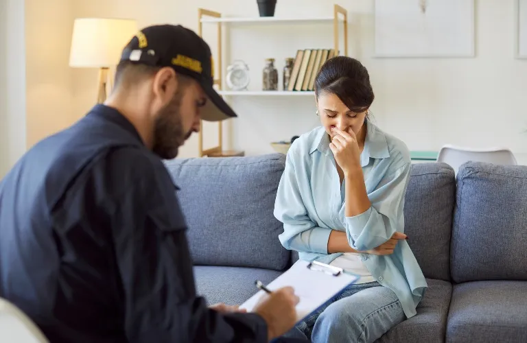 Woman in casual attire sitting on gray sofa, appearing distressed, with man in uniform taking notes nearby.