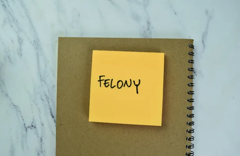 Yellow sticky note with the word "FELONY" written in black ink on a brown spiral notebook.
